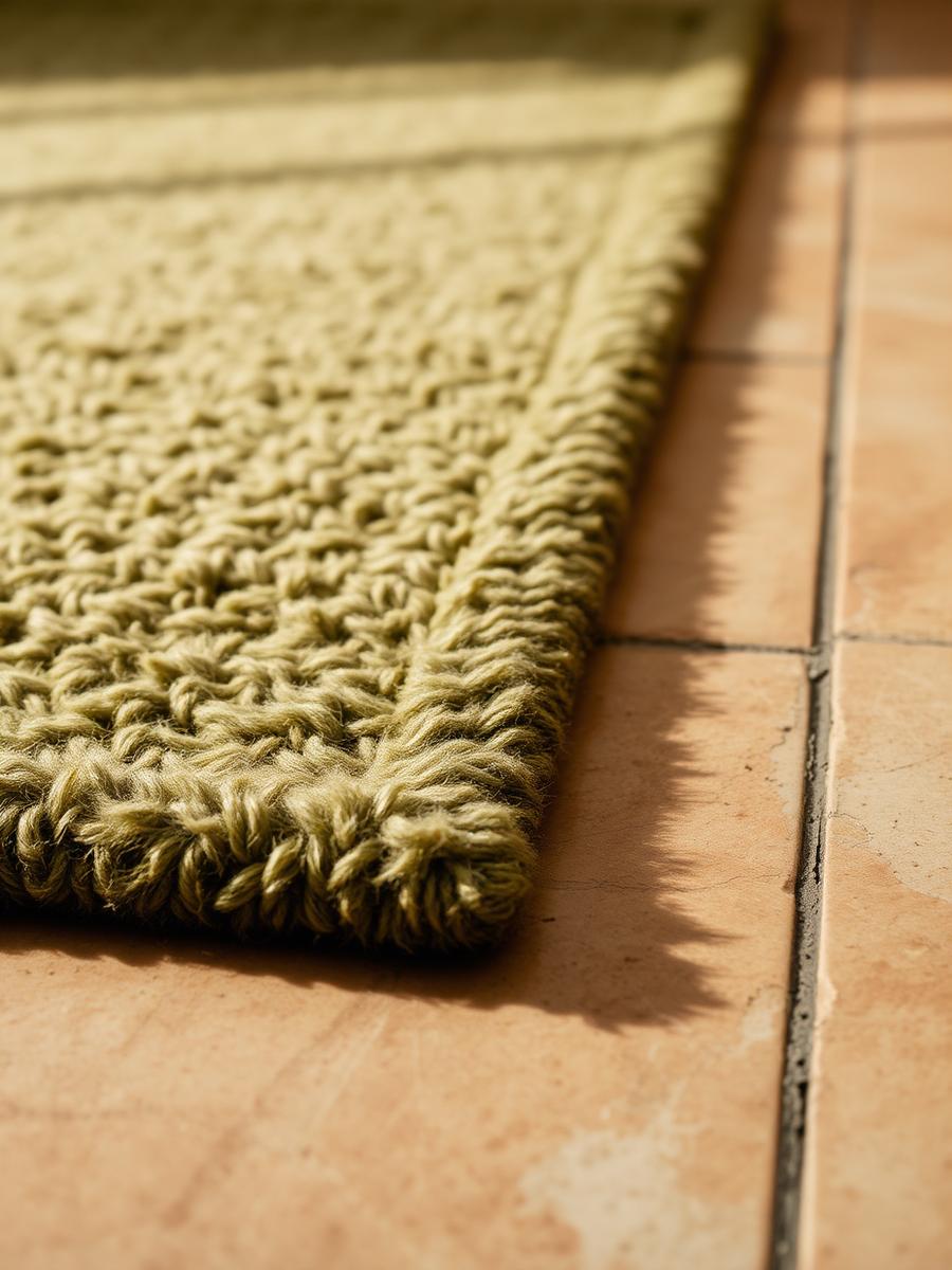 Detail of a clean wool rug meeting tile flooring