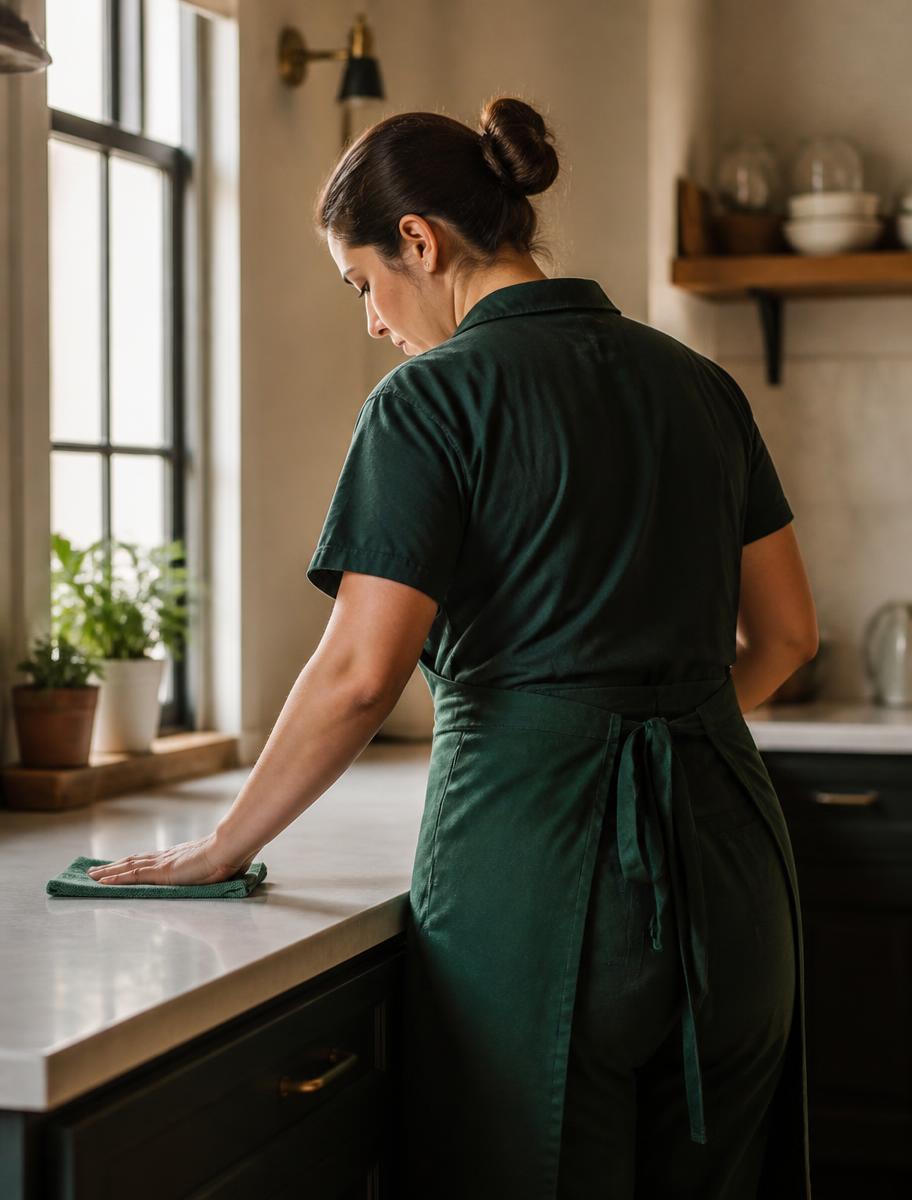 Mystik cleaning professional wiping a kitchen counter in an Austin home
