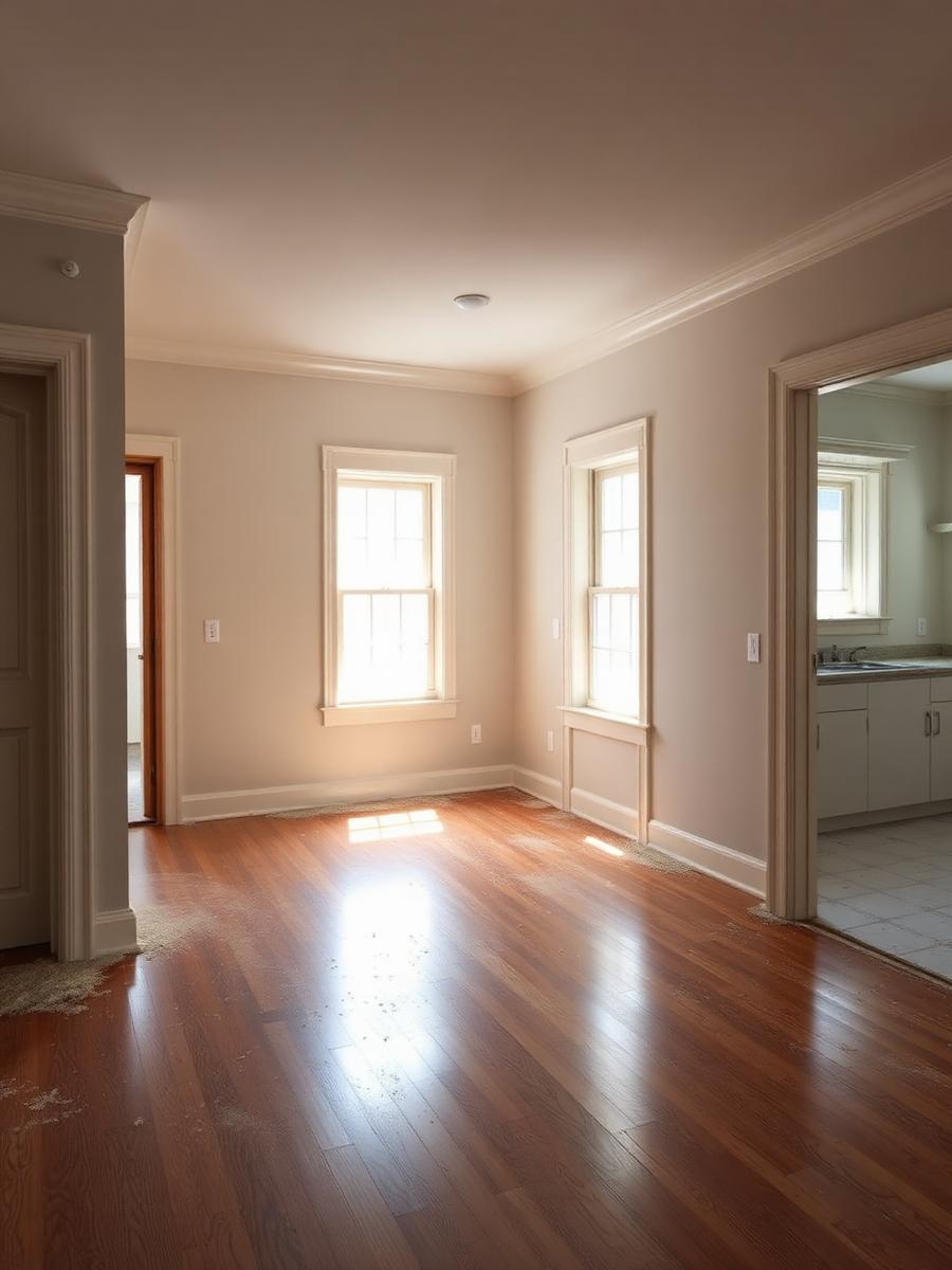 Post-construction interior with dust on new floors