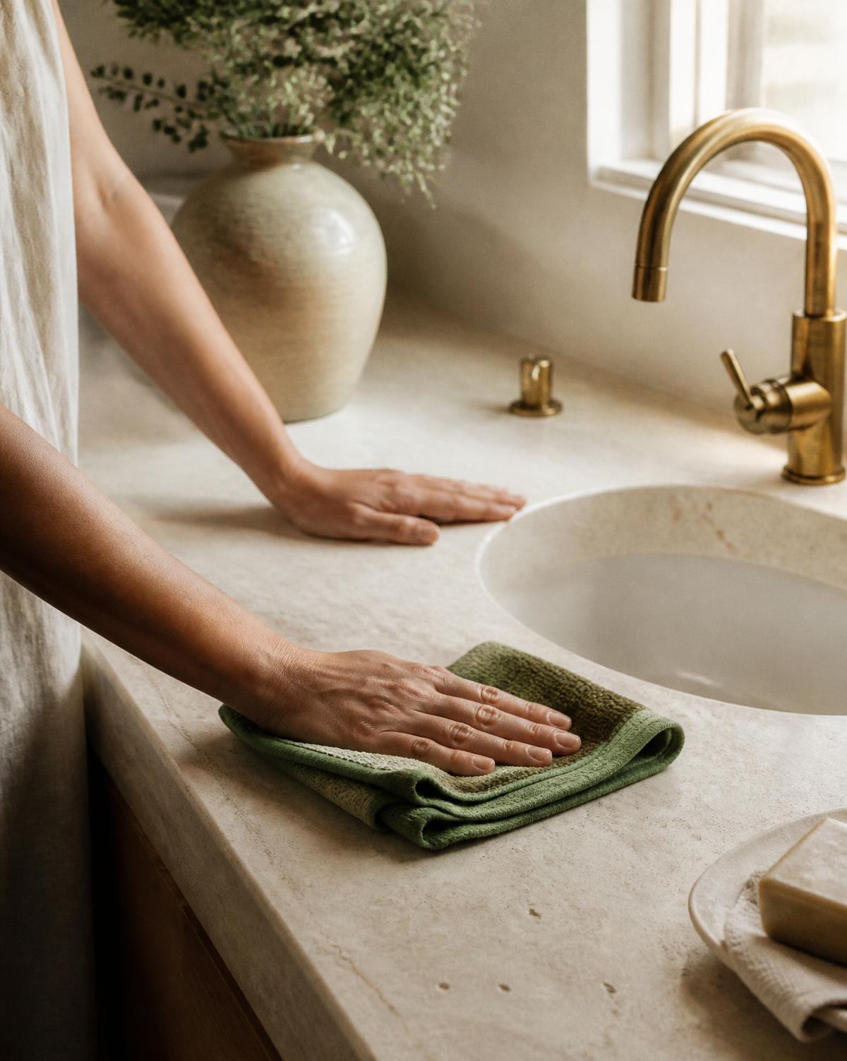 Close-up of a cleaner wiping a limestone bathroom counter with a green cloth