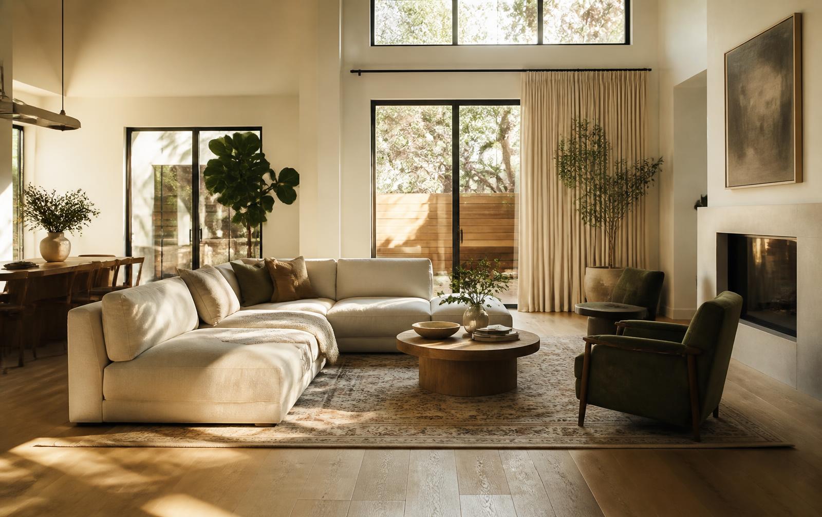 Sunlit Austin living room after a residential house cleaning