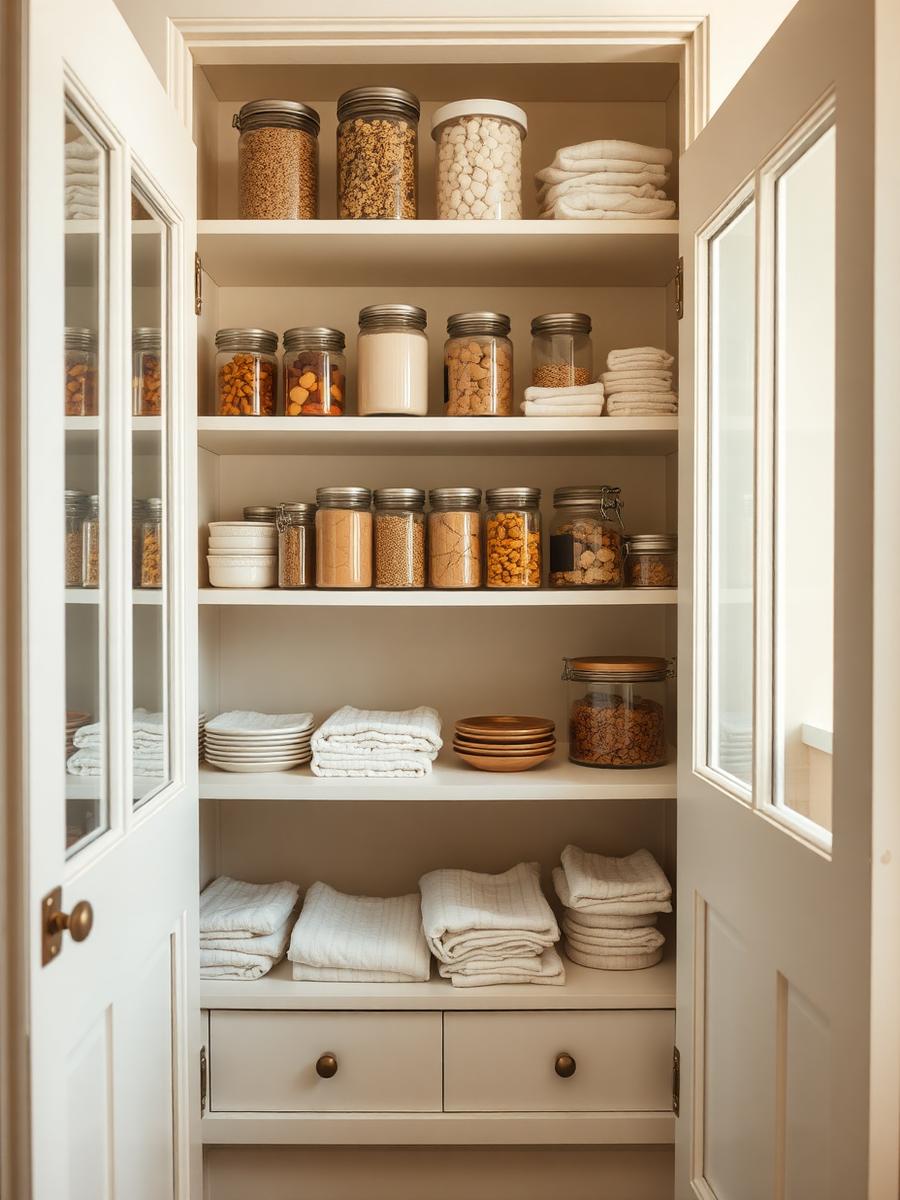 Neatly organized pantry shelves with glass jars