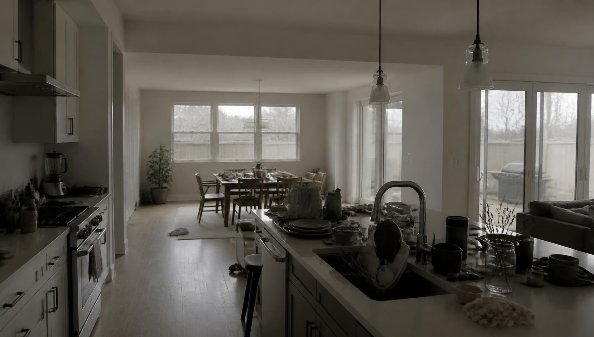 Cluttered kitchen and dining room before a Mystik deep clean