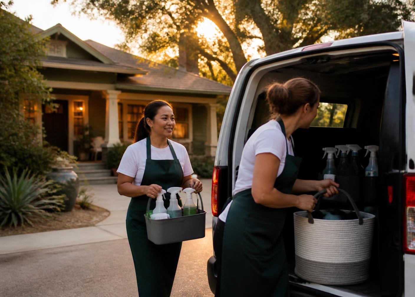 Mystik cleaning team preparing supplies before a job in Austin